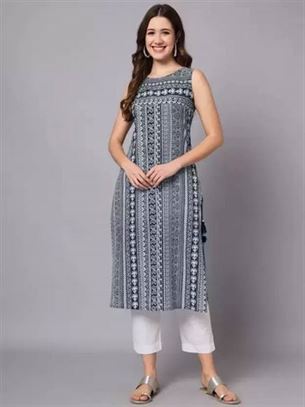 Women Printed Viscose Rayon A-line Kurta  (Black, Grey, White)