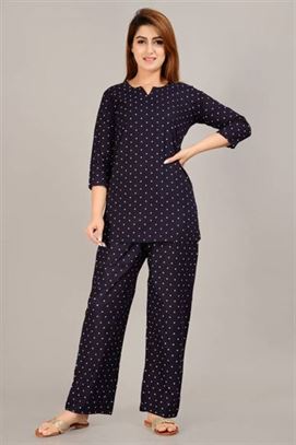 Women Top & Pyjama Set Blue Polka Print