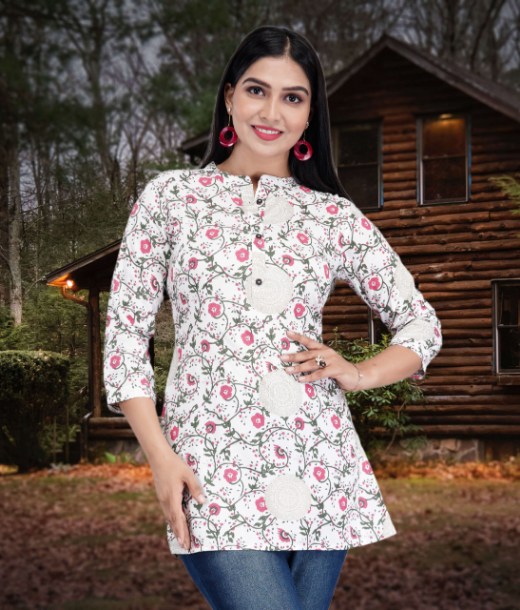 Aarti Fashion Floral Printed V- Notch Neck Pure Cotton Straight Short Kurti