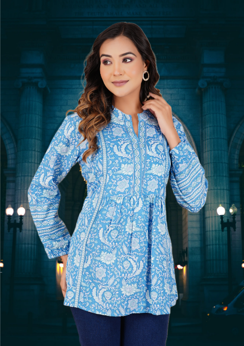 Aarti Fashion Floral Printed V- Notch Neck Pure Rayon Top