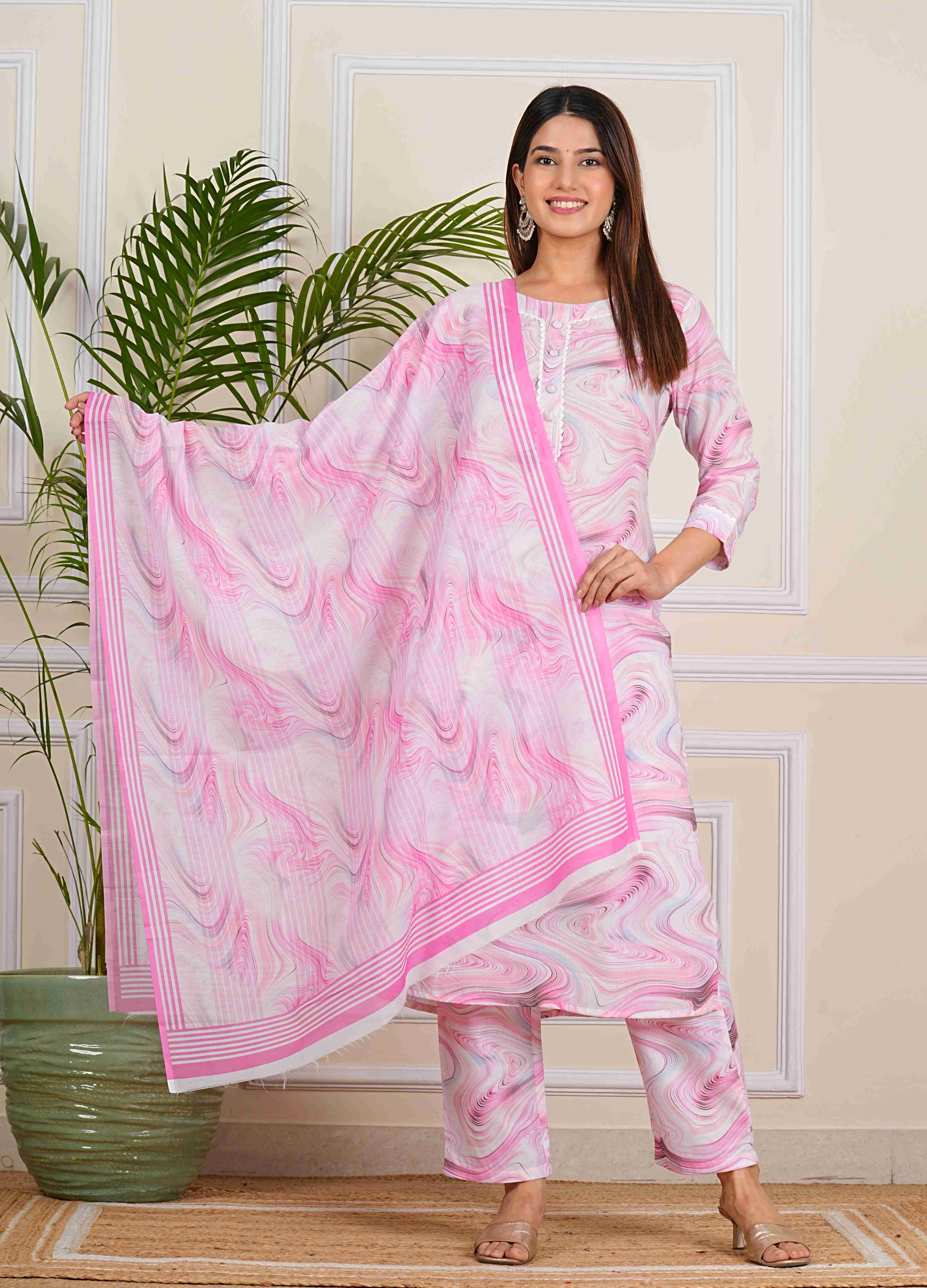 Aarti Fashion Floral Cotton Marble-Printed V- Notch Neck Pure Cotton Straight Kurti and Pant Whit  Duptta setSet