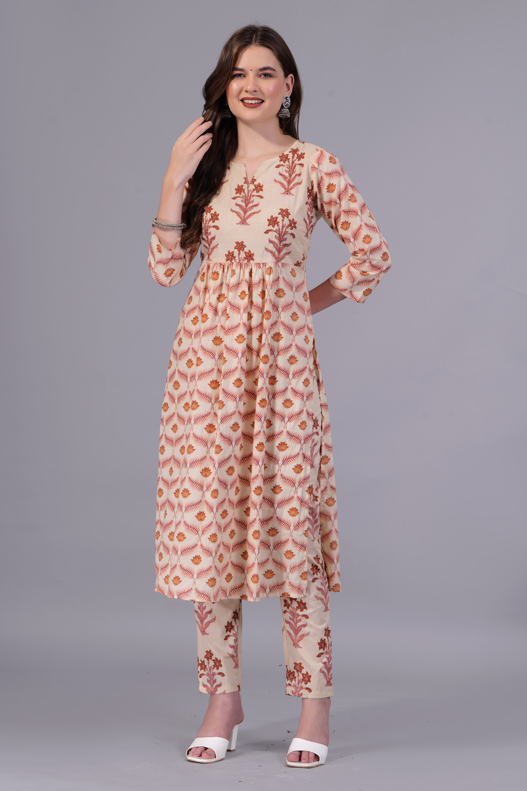 Aarti Fashion Floral Printed V Notch Neck Pure Cotton Straight Kurti pant set