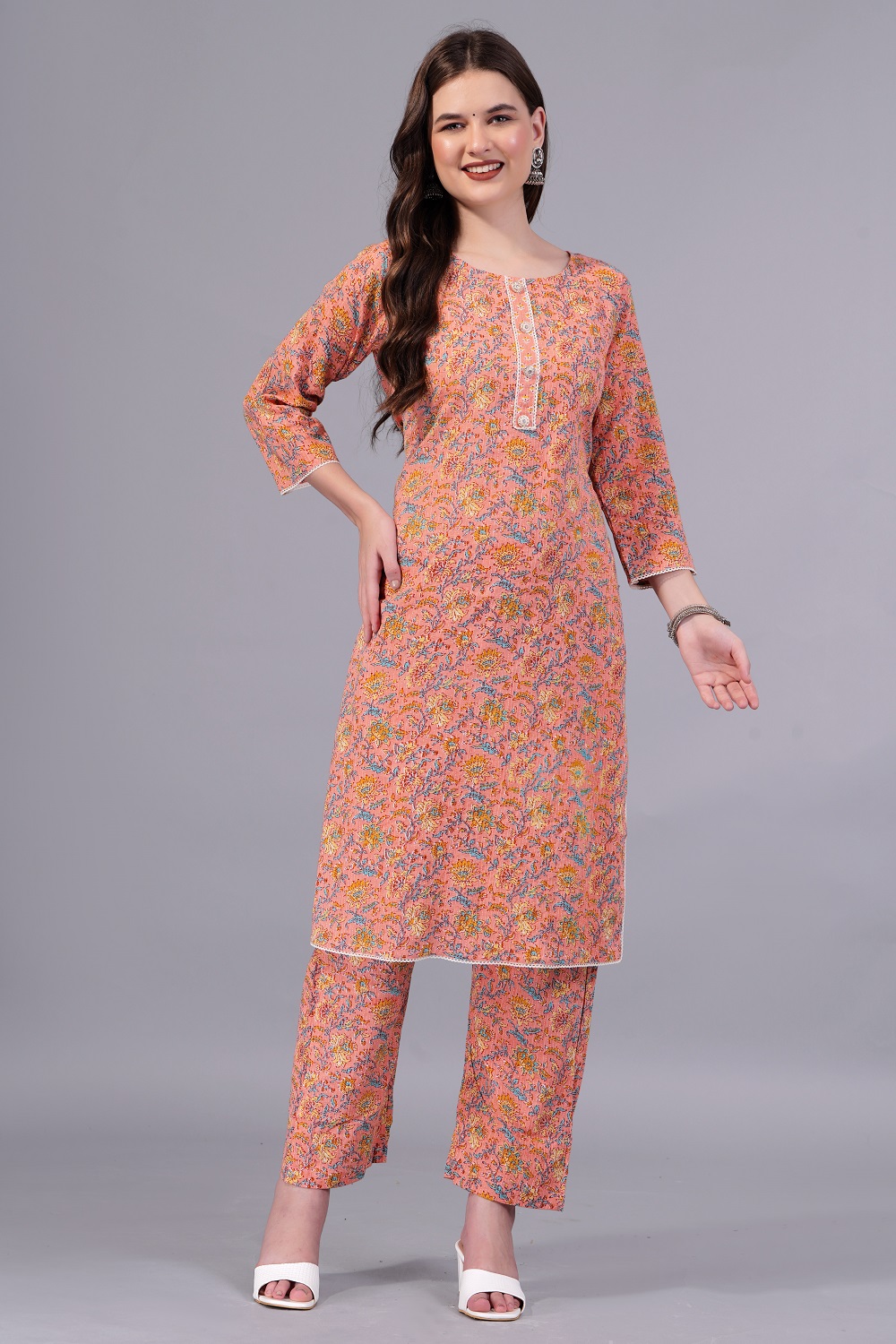 Aarti Fashion Floral Printed Collar Notch Neck Pure Cotton Straight Kurti Pant set