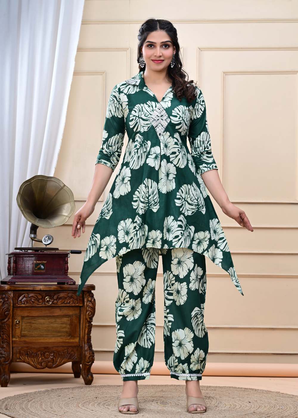 Women's Floral Printed Cotton Co-Ord Set with Asymmetrical Kurta and Jogger Pants