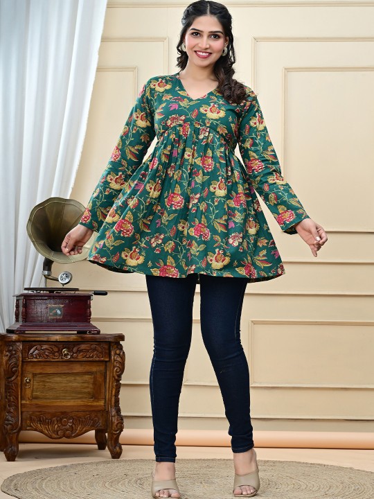 Aarti Fashion Women's Green Floral Printed Cotton V-Neck Top – Full Sleeve Regular Fit | Soft Woven Fabric | Stylish Gathered Detailing | Breathable Everyday Wear