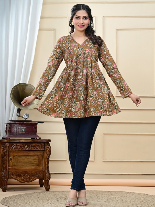 Aarti Fashion Women's Brown & pink Floral Printed Cotton V-Neck Top – Full Sleeve Regular Fit | Soft Woven Fabric | Stylish Gathered Detailing | Breathable Everyday Wear