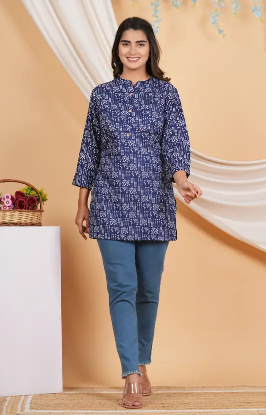 AARTI FASHION Women’s Printed Viscose Rayon Short Kurti – Dark Blue & White, Collared Neck, 3/4 Sleeves, Elegant Festive & Party Wear, Comfortable Regular Fit