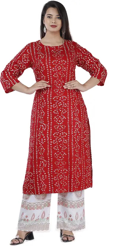 AARTI FASHION Women’s Viscose Rayon Kurti Palazzo Set – Red Floral Print A-Line Festive & Party Wear, Round Neck, 3/4 Sleeve, Elegant Ethnic Outfit for All Occasions