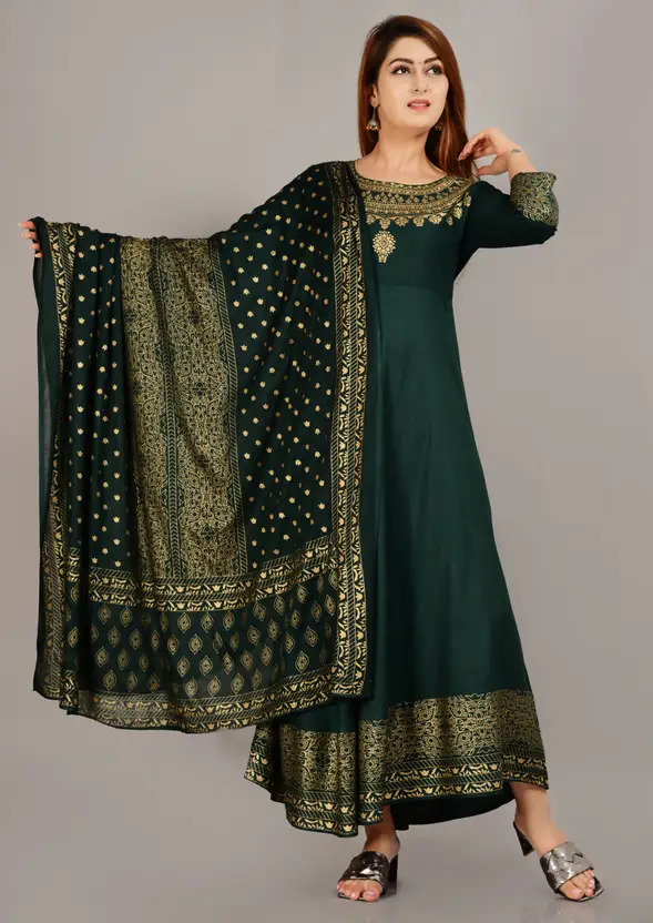Women’s Dark Green Anarkali Kurta and Dupatta Set – Festive & Wedding Wear Rayon Fabric, Elegant Gold Block Print, Round Neck, 3/4 Sleeve – Comfortable & Stylish Ethnic Outfit