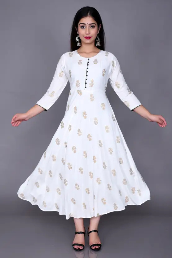AARTI FASHION Women’s Printed Viscose Rayon Anarkali Kurta – White & Gold Jaipuri Bagh Design, Handwork Neck & Sleeve, Slim Fit, Soft Breathable Fabric for Daily Wear