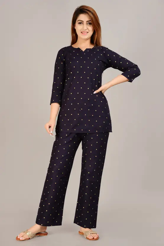 AARTI FASHION Women’s Dark Blue Polka Dot Top & Pyjama Set – Soft Rayon Nightwear for Women, Comfortable V-Neck Sleepwear, 3/4 Sleeve Loungewear Set for Home & Bedtime