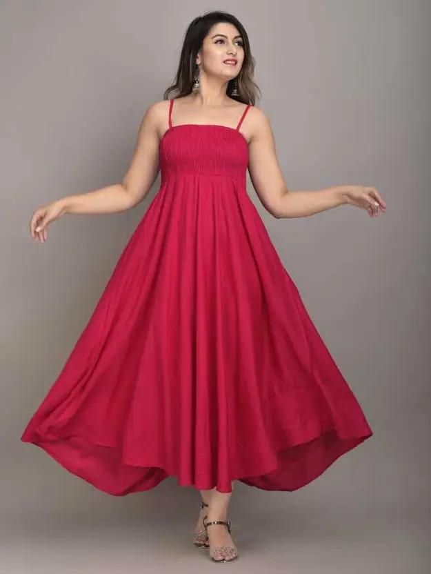 AARTI FASHION Women’s Fit and Flare Pink Midi Dress – Sleeveless Square Neck Viscose Rayon Casual Western Wear, Soft Breathable Fabric for All-Day Comfort