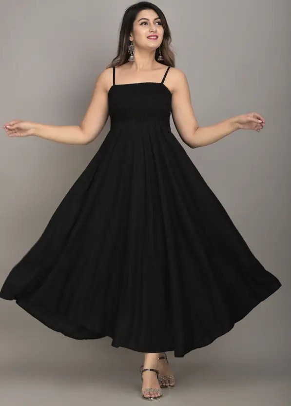 Elegant Black Flared A-Line Party Gown for Women – Sleeveless, Square Neck, Solid Long Dress, 50-Inch Full Length, Regular Fit, Perfect for Festive & Evening Wear – Hand Wash Fabric