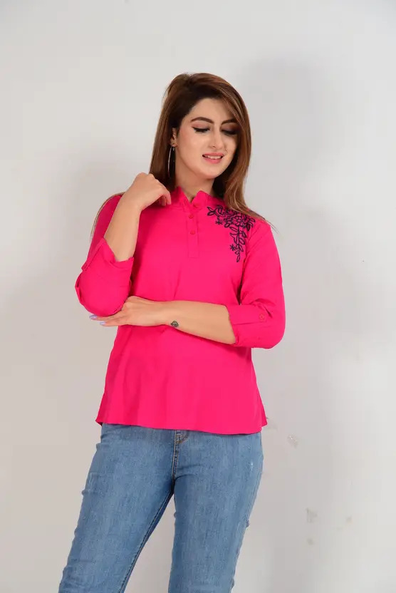 Aarti Fashion Casual Women Pink Embroidered V-Neck 3/4 Sleeve Regular Top - Stylish & Comfortable Regular Fit Top for Western Wear, Trendy Semi Sheer Viscose Rayon Fabric - Perfect for Casual Occasions