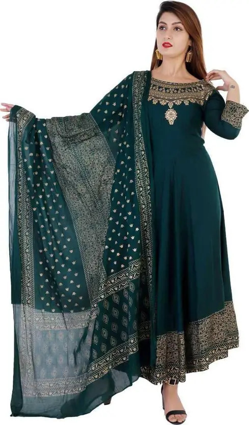 Pingaksh Women’s Viscose Rayon Kurta Dupatta Set – Elegant Ankle-Length Floral Printed Gown with Dupatta, Festive & Party Wear, Round Neck, 3/4 Sleeves, Pretty Green
