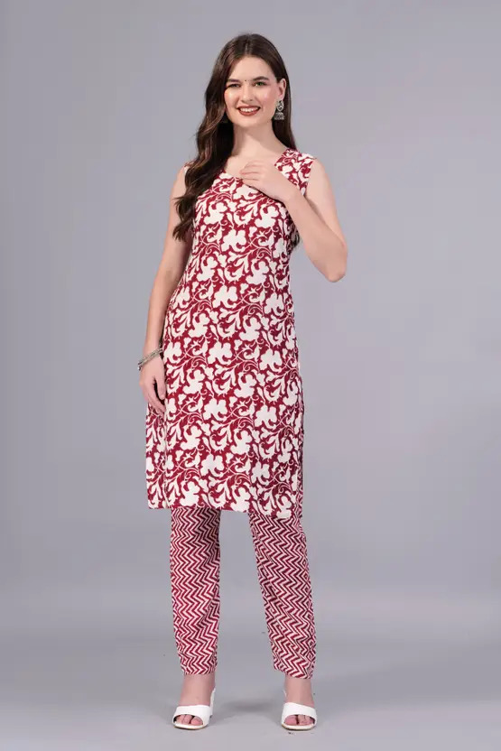 AARTI FASHION Women’s Maroon Cotton Kurta and Pant Set – Sleeveless Ankle-Length Block Print Outfit for Festive & Party Wear – Stylish U-Neck Traditional Indian Ethnic Wear