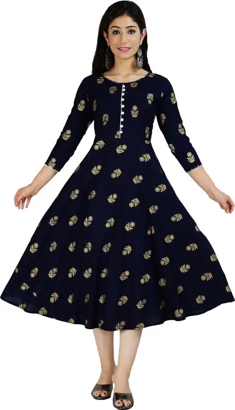 AARTI FASHION Women’s Printed Viscose Rayon Anarkali Kurta – Navy Blue Floral Ethnic Wear, Slim Fit Calf Length with Round Neck & 3/4 Sleeves for Casual & Festive