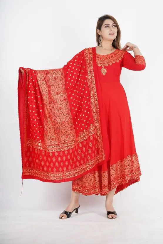Women’s Anarkali Kurta and Dupatta Set – Elegant Self Design Rayon Long Kurta with 3/4 Sleeves, Round Neck & Knots – Regular Fit Casual Ethnic Wear for Women