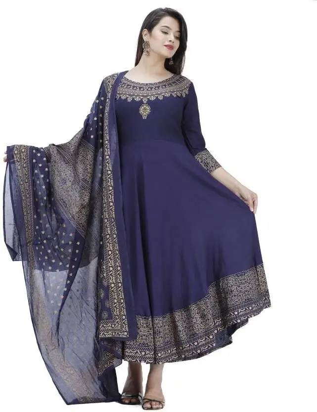 AARTI FASHION Women’s Viscose Rayon Printed Kurta with Dupatta Set – Dark Blue & Gold Festive Party Wear, Boat Neck, 3/4 Sleeves, Elegant Traditional Collection