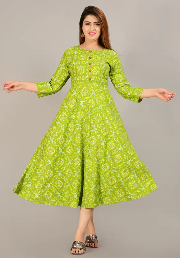 Stylish Green Women’s Anarkali Printed Kurta - 3/4 Sleeve, Viscose Rayon, Casual Ethnic Wear, Below Knee Length, Round Neck, Comfortable and Trendy