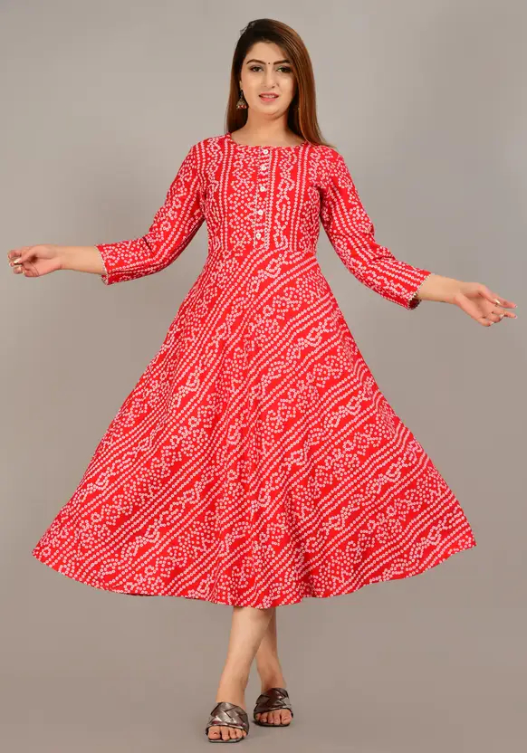 Aarti Fashion Women's Printed Viscose Rayon Anarkali Kurta, Red - Jaipuri Bagh Pattern, 3/4 Sleeve, Calf Length Casual Ethnic Wear for Women