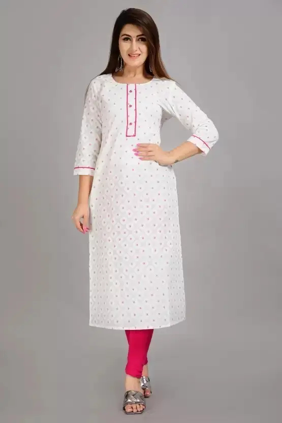 Aarti Fashion Women's Printed Viscose Rayon A-Line Kurta - White, Casual, 3/4 Sleeves, Round Neck, Calf Length - Ideal Ethnic Wear for Women