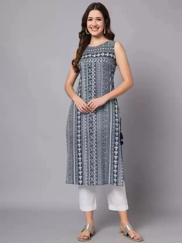 Women Printed Viscose Rayon A-line Kurta (Black) – Sleeveless, Casual Ethnic Wear with Round Neck, Regular Fit, Self Design & Geometric Prints by AARTI FASHION