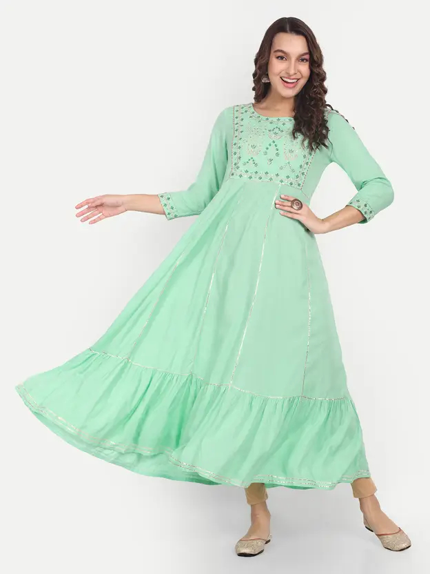 AARTI FASHION Women’s Light Green Embroidered Viscose Rayon Stitched Anarkali Gown – Elegant Round Neck, 3/4 Sleeve, Comfortable Casual Ethnic Wear for Parties & Festive Occasions