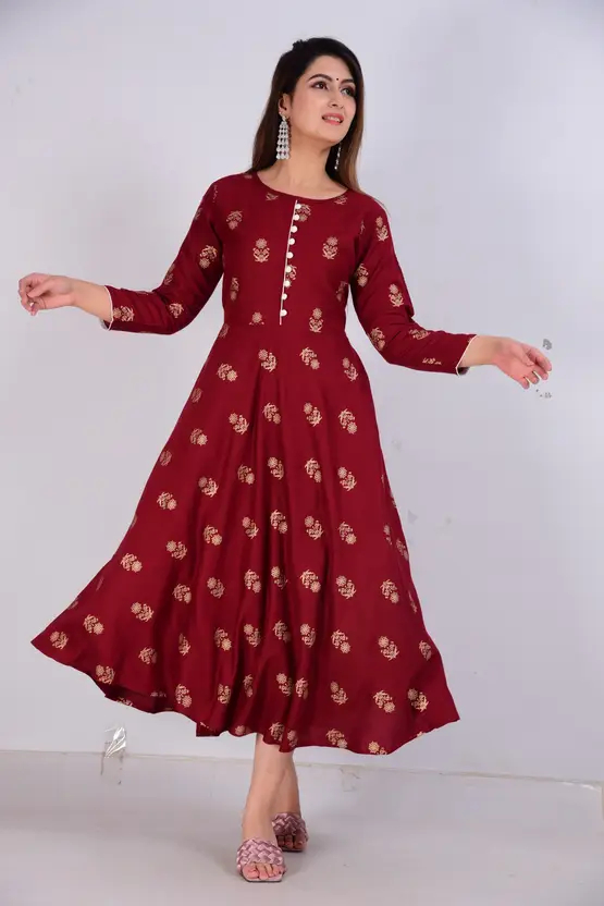 Aarti Fashion Women’s Maroon Printed Viscose Rayon Anarkali Kurta – Calf Length, Round Neck, 3/4 Sleeves, Jaipuri Bagh Design for Casual Ethnic Wear