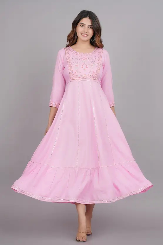 Women Embroidered Viscose Rayon Anarkali Kurta (Pink) - Slim Fit, Festive & Party Wear, Round Neck, 3/4 Sleeves, Elegant Embroidery, Ideal for Ethnic Occasions