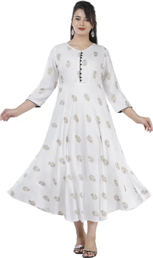 Stylish Printed Rayon Blend Flared A-Line Gown for Women, White with Gold Block Print, 3/4 Sleeve, Casual Wear, Comfortable, Soft, and Breathable, by AARTI FASHION