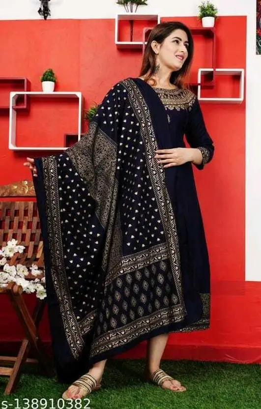 Aarti Fashion Women's Viscose Rayon Kurta and Dupatta Set, Printed Dark Blue Kurti with 3/4 Sleeve, Ideal for Casual and Festive Occasions