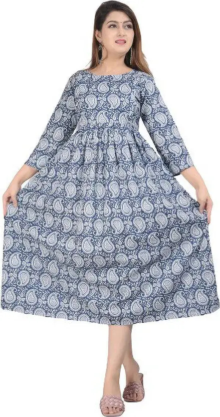 Women’s Printed Cotton Blend Gown Kurta in Blue – Casual Slim Fit with Round Neck, 3/4 Sleeves, and Colorblock Pattern, Perfect for Ethnic Wear