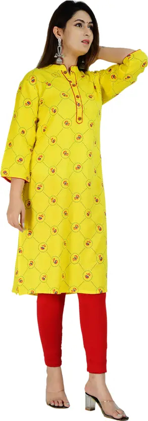 Women’s Yellow Printed Kurta with Mandarin Neck – Comfortable Viscose Rayon, Calf-Length Casual Wear for Women,Ideal for Everyday Use