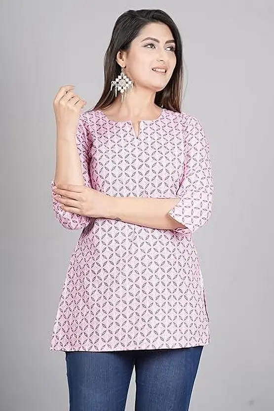 Women's A-Line Printed Kurta in Black & Baby Pink – Viscose Rayon, Short Length, Mandarin Neck, 3/4 Sleeves – Casual Ethnic Wear for Daily Comfort