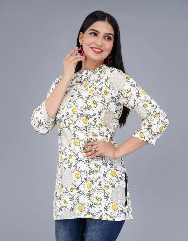 Women’s Floral Print Khadi Silk Straight Kurta – Elegant White and Yellow Ethnic Wear with Round Neck, 3/4 Sleeve, and Regular Fit for Casual Occasions