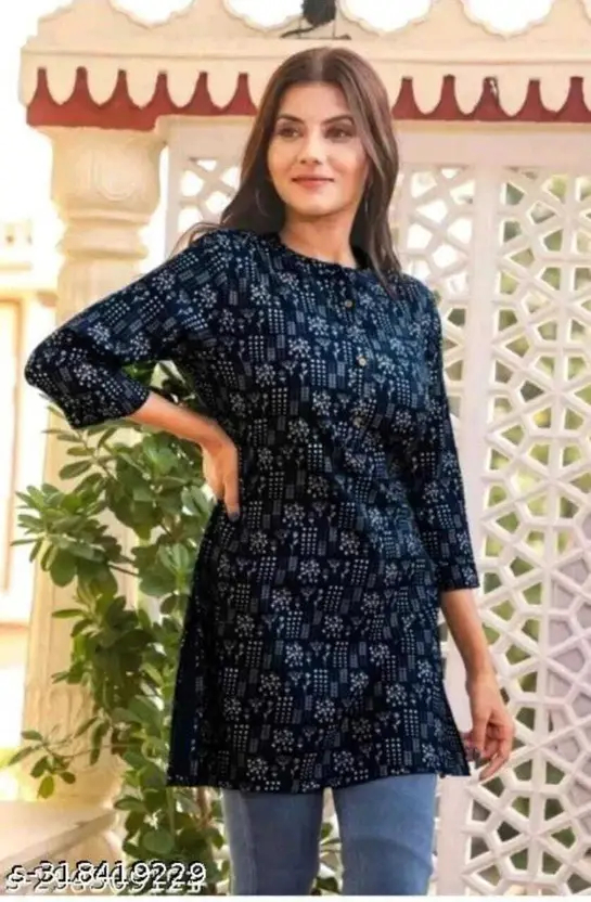 AARTI FASHION Women Printed Viscose Rayon Straight Kurta – Festive & Party Wear, Regular Fit, Collared Neck, 3/4 Sleeves, Navy Blue & White