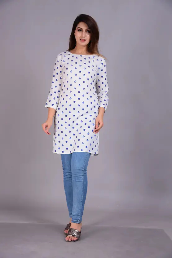 Women Floral Print Viscose Rayon A-Line Kurta (White) – Comfortable & Stylish Casual Ethnic Wear for Women, Knee Length, Regular Fit, Round Neck, 3/4 Sleeve