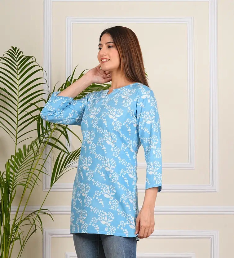 CHOUETTE Women’s Light Blue Printed Peplum Top – Casual V-Neck Cotton Blend Blouse with Regular Sleeves, Comfortable Fit, Stylish Western Wear for Daily Outings & Office Fashion