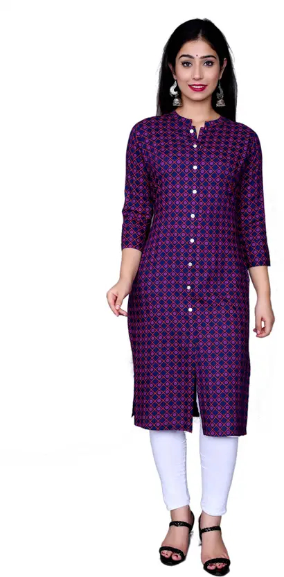 AARTI FASHION Women Checkered Viscose Rayon Straight Kurta (Purple) – Slim Fit, Mandarin Neck, Casual Ethnic Wear for Women, 3/4 Sleeve, Calf Length, Machine Washable, Perfect for Family Functions and Events.