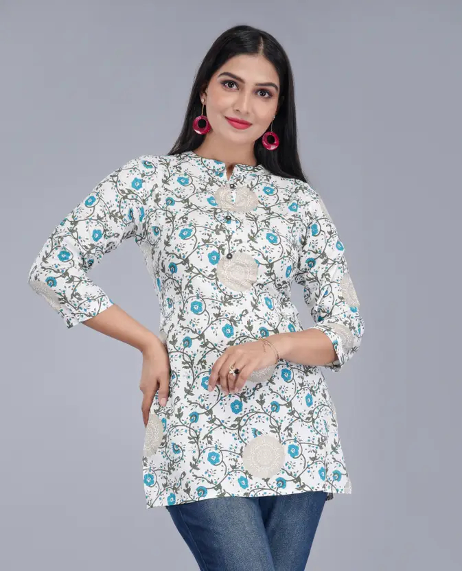 AARTI FASHION Women’s White Green Floral Print Khadi Silk A-Line Kurta – 3/4 Sleeve Casual Ethnic Wear with Round Neck, Regular Fit, Ideal for Daily Wear