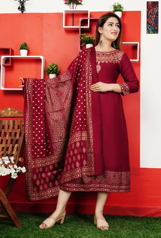 Women’s Maroon Kurta and Dupatta Set, Viscose Rayon Fabric, Round Neck, 3/4 Sleeve, Calf Length, Ideal for Casual and Festive Wear
