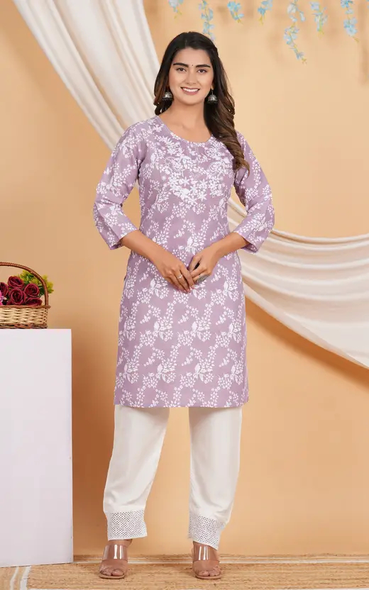 Women Kurta and Pant Set in Grey & Purple – Elegant Viscose Rayon 3/4 Sleeve Kurti with Matching Pants | Stylish Ethnic Wear for Daily, Office & Festive Occasions