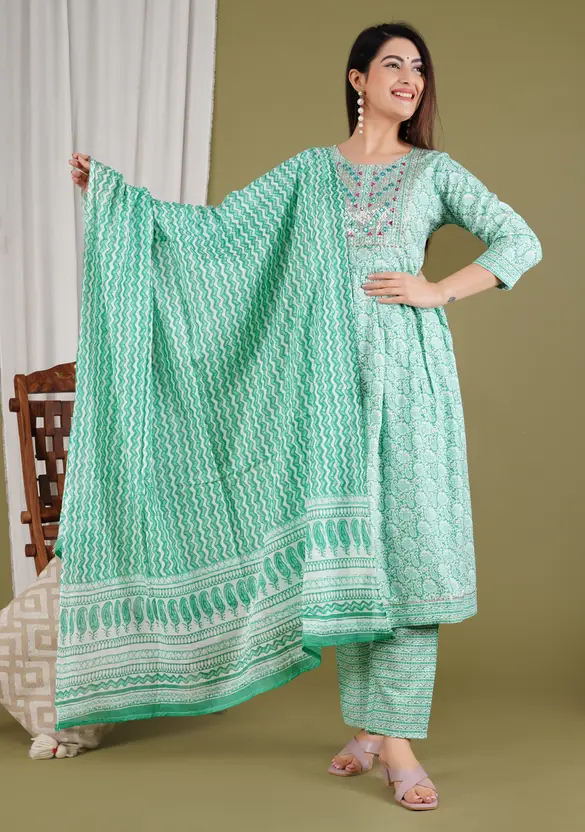 Women’s Kurta, Pyjama & Dupatta Set in Light Blue Rayon | Elegant 3/4 Sleeve Ethnic Wear | Comfortable Regular Fit | Stylish Festive & Casual Outfit for Women | Premium Viscose Fabric