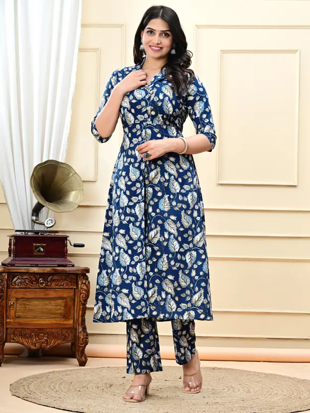 Women’s Blue Cotton Kurta and Pant Set – Printed 3/4 Sleeve Ethnic Wear Outfit | Comfortable Pure Cotton Fabric | Stylish Shrug-Type Kurti Pant Suit for Daily & Festive Wear