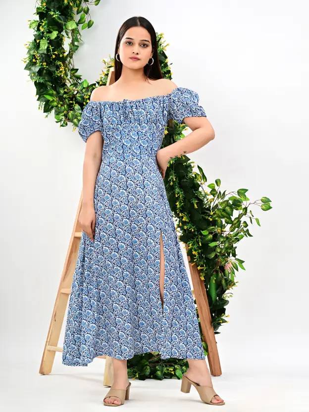 AARTI FASHION Women’s Ethnic Blue Midi Dress | Stylish Calf Length Cotton Blend Casual Dress | Comfortable Western Wear | Elegant Party & Everyday Outfit