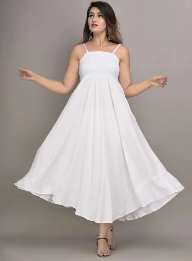 AARTI FASHION Women’s White Maxi Midi/Calf Length Dress | Viscose Rayon Casual Western Wear Outfit | Elegant Flowy Summer Dress for Women