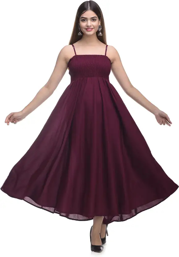 Women’s Maroon Anarkali Gown | Solid Cotton Rayon Blend Long Ankle-Length Sleeveless Noodle Strap Dress for Party & Festive Wear – Stylish Stitched Ethnic Outfit