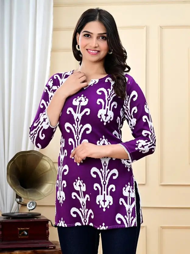 AARTI FASHION Women’s Casual Purple Wrap Top – Soft Viscose Rayon Fabric with Raglan Sleeves, Stylish Printed Design, Comfortable Regular Fit for Fusion Wear, Perfect for Daily & Party Use