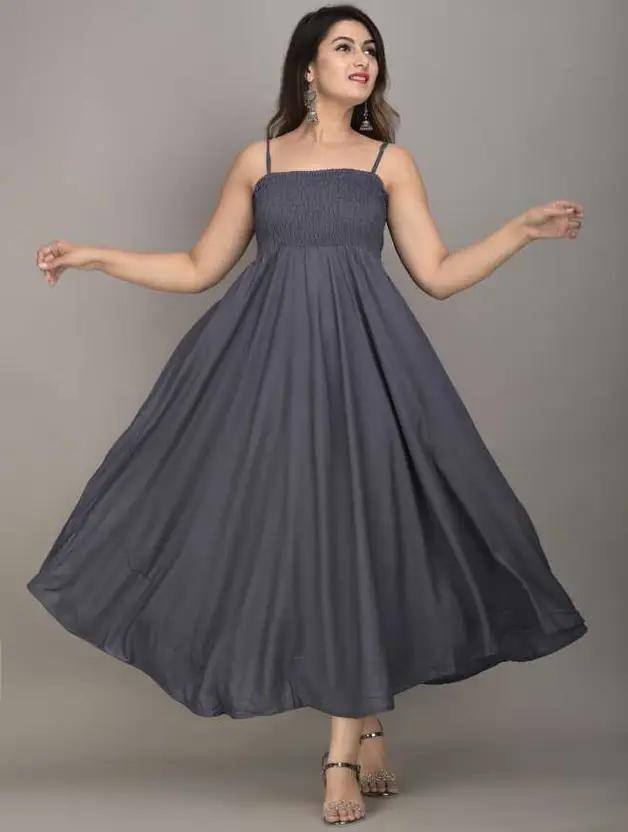 AARTI FASHION Women’s Fit & Flare Grey Midi Dress – Sleeveless Square Neck, Viscose Rayon, Soft & Breathable Fabric, Perfect for Casual & Western Wear Comfort